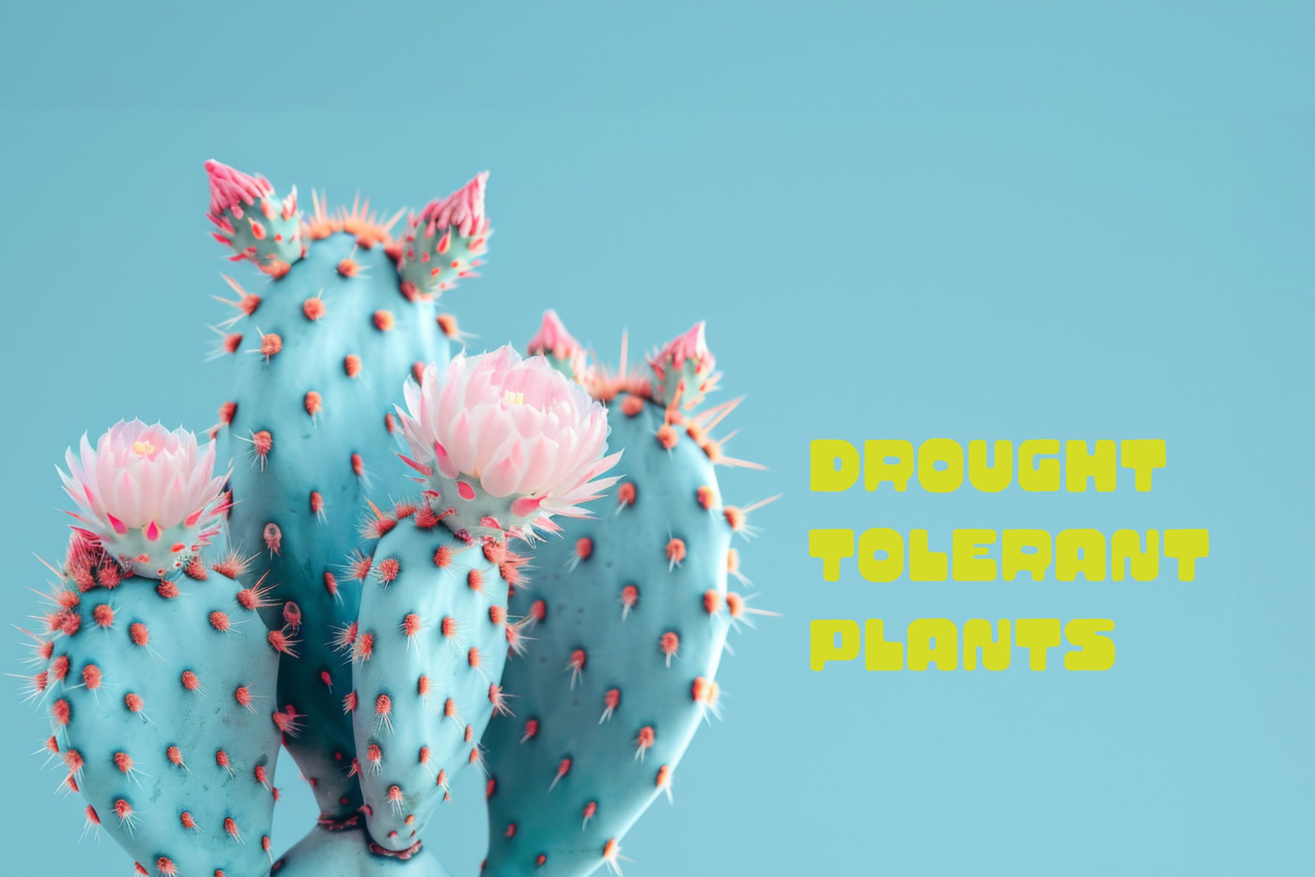 Blue cactus with pink flowers and "Drought Tolerant Plants" text for water-wise gardening