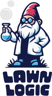 Lawn Logic mascot logo of a gnome scientist holding a beaker with bubbles